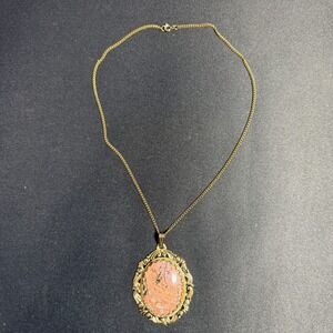 Vintage Gold Tone Cameo‎ Style Necklace Pink Stone Victorian Revival